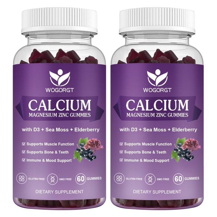 Calcium Magnesium Zinc Gummies with Vitamin D3 - High Absorption Complex Calcium Supplement with Sea Moss, Elderberry for Bone, Muscles, Immune, Mood & Sleep Support, Vegan - 60 Gummies (2 Pack)