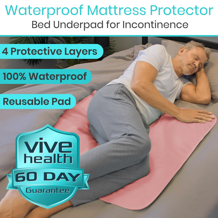 Vive Bed Pads for Incontinence Washable, Bed Wetting Protection for Adults & Elderly - Waterproof Reusable Underpads for Mattress, Women, Men, Kids, Pets (Pink, 34" x 36")