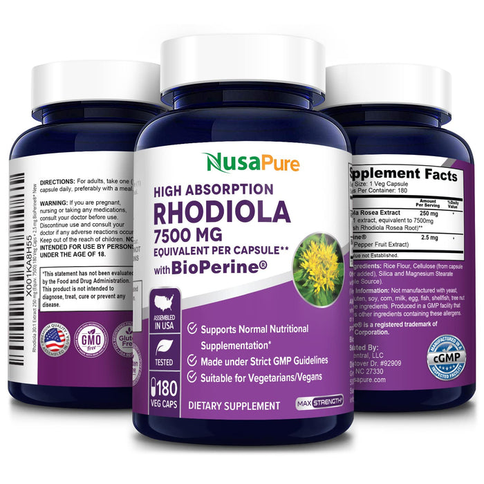 NusaPure Rhodiola Rosea 7,500mg 180 Veggie Capsules (Non-GMO, Extract 30:1, Vegan & Gluten-Free) Bioperine