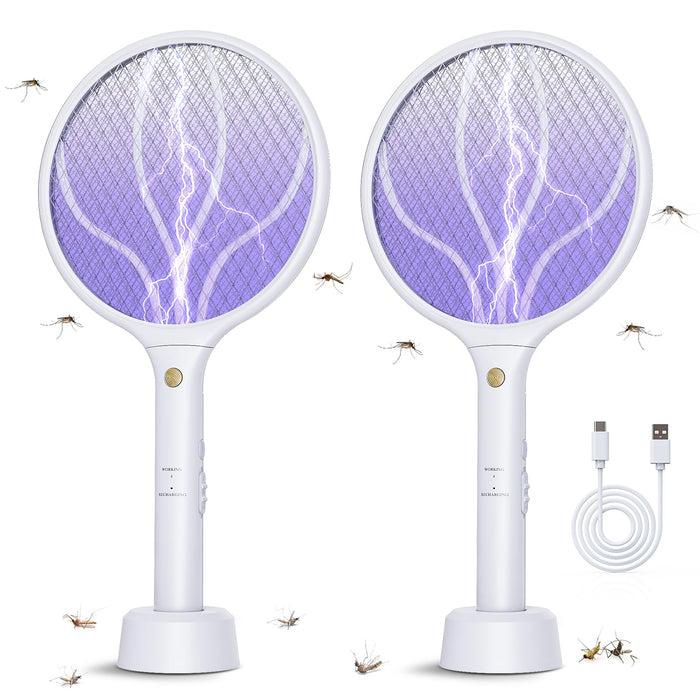 Electric Fly Swatter Racket 3000V Bug Zapper 2 in 1 Mosquito Zapper USB Rechargeable, 1200mAh Mosquitoes Killer Lamp & Fly Zapper with 3 Layer Safety Mesh for Home, Bedroom, Kitchen, Patio (2 Pack)