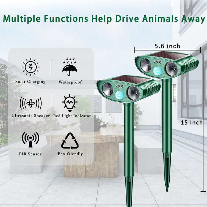 2 Packs Solar Ultrasonic Pest Animal Repeller, Deer Repellent Devices with Motion Sensor, Outdoor Waterproof Deterrent Repel Deer, Cat, Dog, Raccoon, Fox, Skunk, Rabbit, Squirrel for Garden, Yard