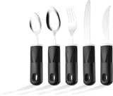 Special Supplies Adaptive Utensils (5-Piece Kitchen Set) Wide, Non-Weighted, Non-Slip Handles for Hand Tremors, Arthritis, Parkinson’s or Elderly Use - Stainless Steel (Black)