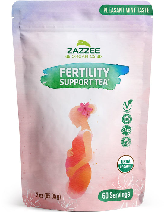 Zazzee USDA Organic Fertility Support Tea, 60 Servings, Pleasant Mint Taste, Balanced Blend of 8 Potent Herbs, 3 Ounces, All-Natural Fertility Support for Women, Non-GMO