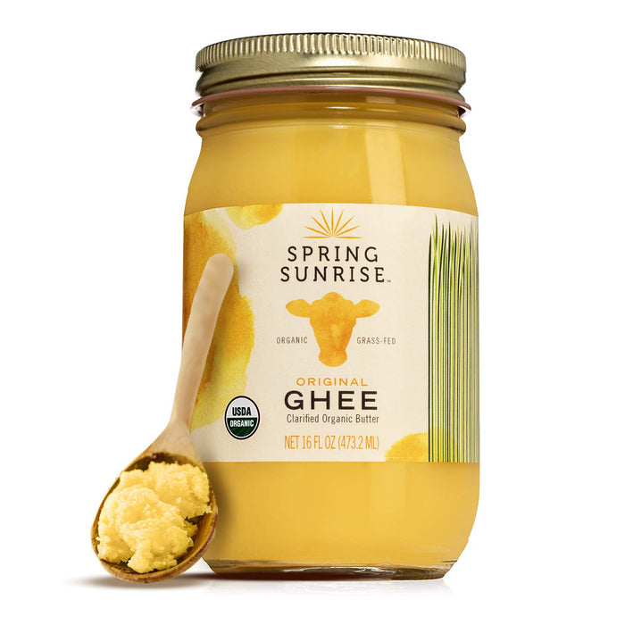 Spring Sunrise Organic Grass Fed Ghee Butter - USDA Certified Organic Clarified Butter - Paleo, Keto Friendly, Non-GMO, Gluten, & Casein Free Cooking Oil - Sustainably Sourced (16oz Jar)