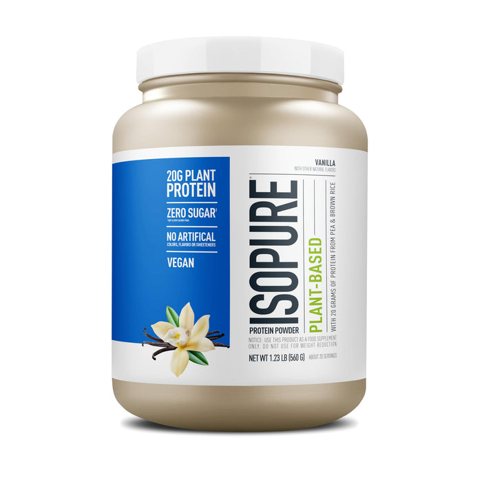 Isopure Vanilla Vegan Protein Powder, with Monk Fruit Sweetener & Amino Acids, Post Workout Recovery, Sugar Free, Plant Based, Organic Pea Protein, Dairy Free, 20 Servings (Packaging May Vary)