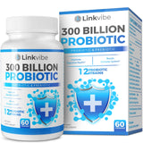 Linkvibe Probiotic 300 Billion CFU - 12 Strains Probiotics with Organic Prebiotics for Digestive & Gut, Immune, Bloating Health - Probiotics for Women and Men - Daily Probiotics Supplement - 60 Counts