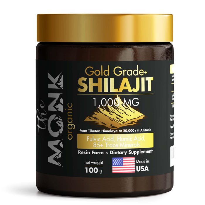 Organic Himalayan Shilajit Resin with Fulvic Acid, Humic Acid, 85+ Minerals- Gold Grade Plus - 100g, 1000 mg Per Serving - Energy, Stamina, Brain Support - Made in The USA