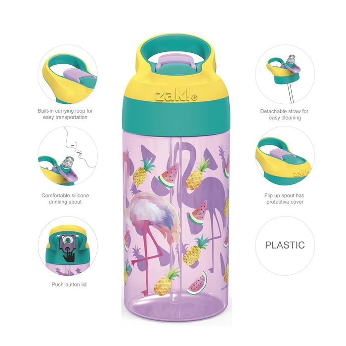 Zak Designs 16oz Riverside Desert Life Kids Water Bottle with Straw and Built in Carrying Loop Made of Durable Plastic, Leak-Proof Design for Travel, Cactus-Flamingo Pineapple, 2PK Set