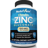 Nutrivein Premium Zinc Gluconate 100mg - 120 Capsules - Immunity Defense Boosts Immune System & Powerful Antioxidant - Promotes Healthy Skin and Acne Defense - Essential Elements for Absorption