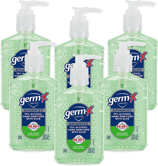 Germ-x Advanced Hand Sanitizer with Aloe and Vitamin E, Non-Drying Moisturizing Gel, Instant and No Rinse Formula, Pump Bottle, 8 Fl Oz (Pack of 6)