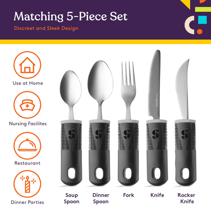 Special Supplies Adaptive Utensils (5-Piece Kitchen Set) Wide, Non-Weighted, Non-Slip Handles for Hand Tremors, Arthritis, Parkinson’s or Elderly Use - Stainless Steel (Black)