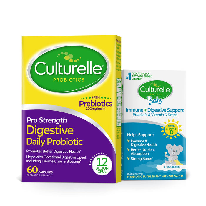 Culturelle Pro Strength Daily Probiotic Capsules, Probiotics for Men & Women 60 Count, 2 months + Culturelle Baby Immune & Digestive Support Probiotic + Vitamin D Drops 0-12 Months, 30 Day Supply, 9ml