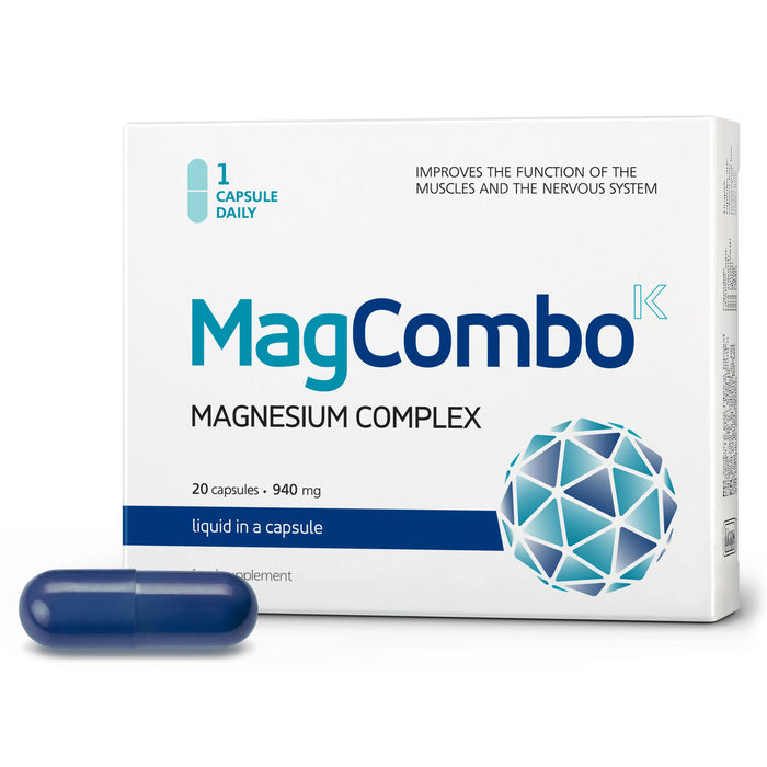MagCombo - Concentrated Pure Magnesium, Special Oil Formula with Maximum Absorption for Leg Cramps, Tensed Muscles, Sleep, enriched with Vitamins В2, В6, В12 and С, only 1 Capsule Daily. (Pack of 1)