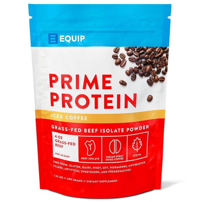 Equip Foods Prime Protein - Grass Fed Beef Protein Powder Isolate - Paleo and Keto Friendly, Gluten Free Carnivore Protein Powder - Iced Coffee, 1.52 Pounds - Helps Build and Repair Tissue
