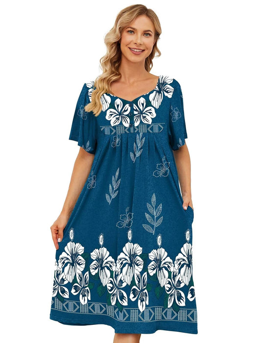 House Dresses for Older Women with Pockets Duster Housecoat Hawaiian Muumuu Grandma Moo Moo Nightgown Patio Dress Short Sleeve Old Lady Nightgown Womens Sleepwear House Dress For Women Elderly Blue M