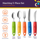 Special Supplies Adaptive Utensils(5-Piece Kitchen Set) Wide, Non-Weighted, Non-Slip Handles for Hand Tremors, Arthritis, Parkinson’s or Elderly Use - Stainless Steel Knives, Fork, Spoons - Multicolor