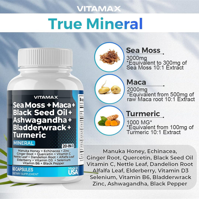 Sea Moss 3000mg Maca 2000mg Black Seed Oil 2000mg Ashwagandha 1000mg Bladderwrack 1000mg Turmeric 2000mg - Manuka Honey, Elderberry, Vitamin C & D3, Dandelion & Black Pepper - 60ct