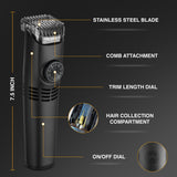 Vacutrim Cordless Mens Beard Trimmer, Rechargeable Electric Shaver with 20 Trim Setting Calibration Dial and Built-in Vacuum for Mustache, Sideburns. Facial Hair, Black, 7.5", As Seen On TV