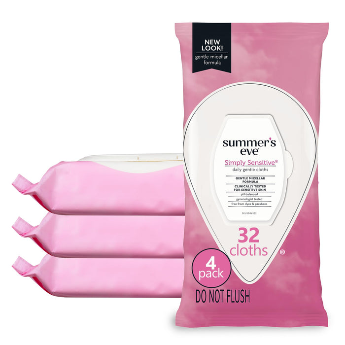 Summer's Eve Simply Sensitive Daily Gentle Feminine Wipes, Removes Odor, pH balanced, 32 count, 4 Pack