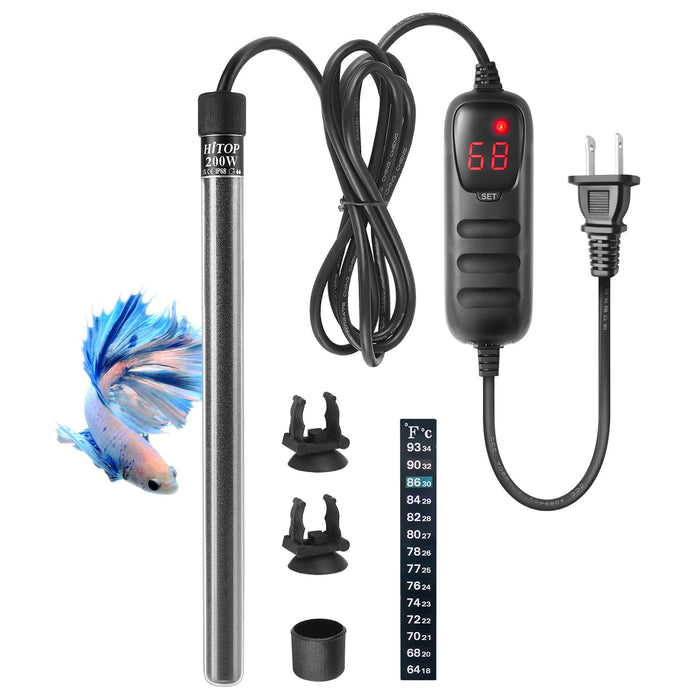 HITOP Mini Submersible Aquarium Heater - 200W Digital Heater for Fish Tank Turtle Tank 25-50 Gallon，Saltwater and Fresh Water with Temperature Controller