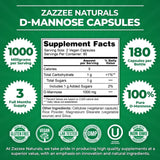 Zazzee D-Mannose, 1000 mg per Serving, 180 Vegan Capsules, 3 Month Supply, Potent & Fast-Acting, Certified Kosher, 100% Pure, All-Natural Urinary Tract Health UTI Support, 100% Vegetarian, Non-GMO