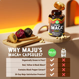 Maju Superfoods 4-in-1 Maca Root Capsules, Organic Black, Yellow & Red Roots w Black Pepper Extract for Absorption (120 ct) | Peru Product, Peruvian Powder, Men & Women Supplement, 60,000 mg