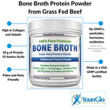 YounGlo Research Bone Broth Beef Protein Powder 20 oz, High Collagen & Gelatin from Grass Fed Bovine, Delicious Marrow Benefits for Soups & Sipping Broths, Unflavored Animal Based Keto Concentrate