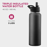 FineDine Insulated Water Bottles with Straw - 40 Oz Stainless Steel Metal Water Bottle W/ 3 Lids - Reusable for Travel, Camping, Bike, Sports - Inky Raven Black