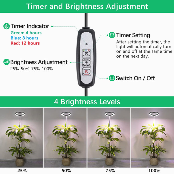 LORDEM Plant Grow Light, Full Spectrum Plant Light for Indoor Plants, Brightness Adjustable LED Growing Lamp with Auto On/Off Timer 4H/8H/12H, Height Adjustable, 2 Packs of Black