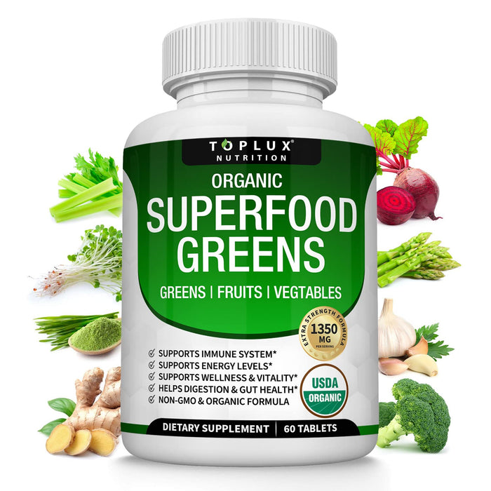 Organic Super Greens Capsules Superfood Fruit Veggie Supplement - 28 Powerful Natural Ingredients with Alfalfa, Beet Root, Tart Cherry & Ginger for Immune & Energy Support, for Men Women, 60 Tablets