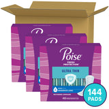 Poise Ultra Thin Incontinence Pads & Postpartum Incontinence Pads, 4 Drop Moderate Absorbency, Long Length, 144 Count (3 Packs of 48), Packaging May Vary