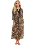 Bloggerlove House Dresses for Elderly Mumu Dresses Women Leopard House Dress V Neck Nightgown Robe Half Sleeve Loungewear Full Length Sleepwear Zipper Duster Housecoat