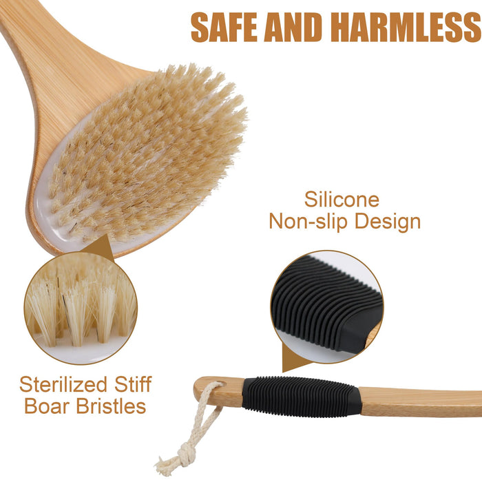 OWIIZI Back Scrub Brush for Shower,Stiff Boar Bristles Bamboo Curved Long Handle Antiskid Body Bath Brush for Back Use Wet or Dry,Deep Cleanse Large Surface Back Scrubber