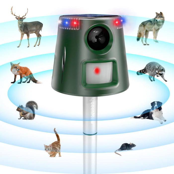 Ultrasonic Animal Repellent Solar Powered, Waterproof Outdoor Animal Repeller Deterrent with PIR Motion Sensor & Flashing Light, Outdoor Repellent Device for Rat, Squirrel, Deer, Bird for Farm Yard