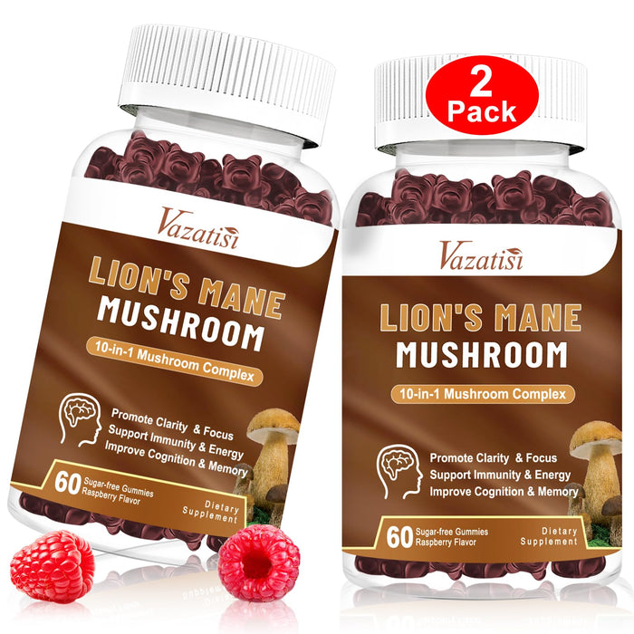 Vazatisi 2 Pack Organic Mushroom Gummies, 10 Mushroom Complex 3300MG - Lions Mane Mushroom Supplement with Shitake Reishi Turkey Tail Chaga for Memory Focus & Immune Booster - 120 Raspberry Gummies