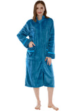 PAVILIA Womens Housecoat Zip Robe, Fleece Zip Up Front Robe Bathrobe, Plush Warm Zipper House Coat Lounger for Women Ladies Elderly with Satin Trim, Pockets, Long - Teal Sea Blue (Small/Medium)