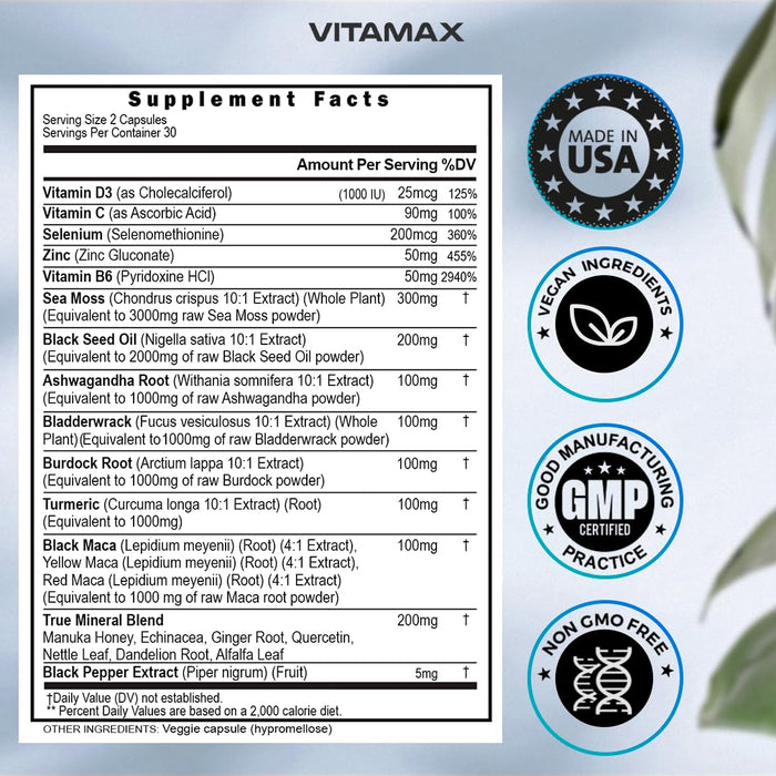 Sea Moss 3000mg Maca 2000mg Black Seed Oil 2000mg Ashwagandha 1000mg Bladderwrack 1000mg Turmeric 2000mg - Manuka Honey, Elderberry, Vitamin C & D3, Dandelion & Black Pepper - 60ct