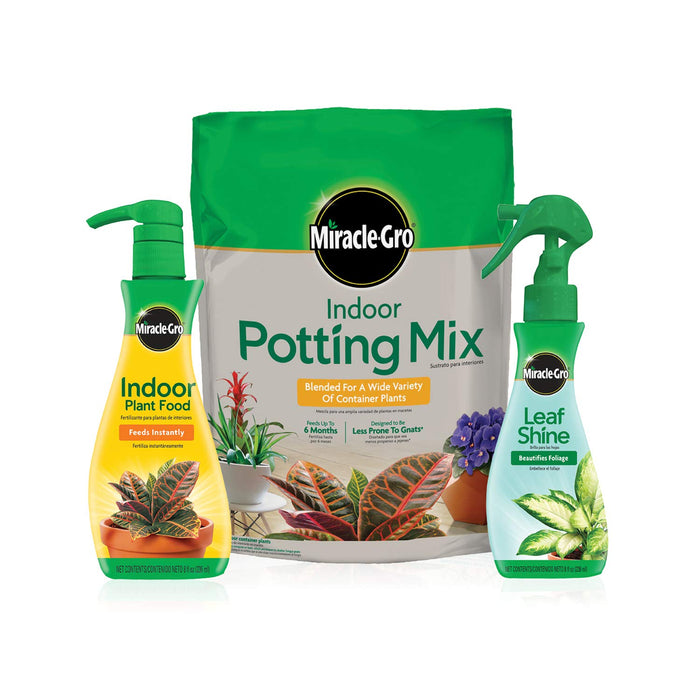 Miracle-Gro Indoor Potting Mix - Bundle of Potting Soil (6 qt.), Liquid Plant Food (8 oz.) & Leaf Shine (8 oz.) for Growing, Fertilizing & Cleaning Houseplants