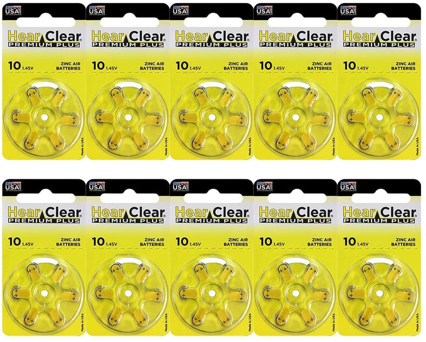 Hearclear Size 10 PR230 Hearing Aid Batteries Yellow Tab + Keychain (60 Batteries)