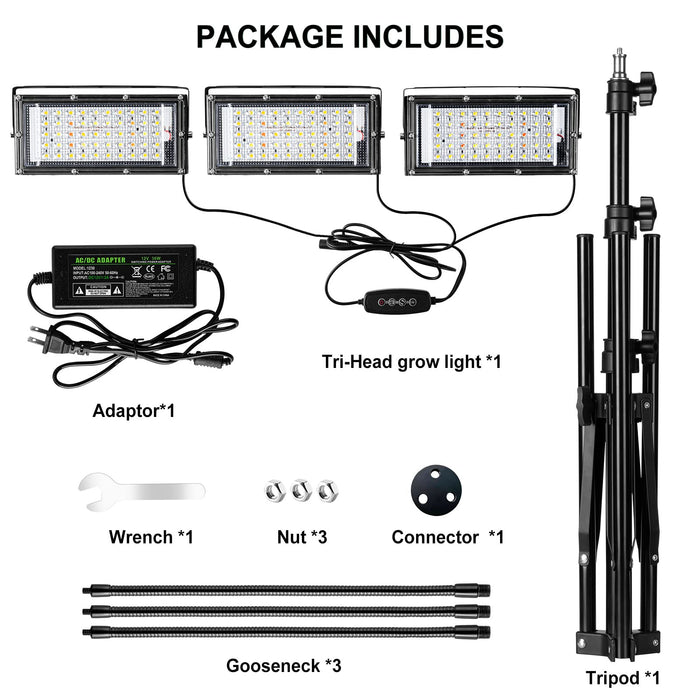 LBW Grow Light with Stand, Tri-Head LED Plant Light for Indoor Plants, Full Spectrum 150 LEDs, 3/6/12H Timer, 6 Dimmable Levels, 3 Switch Modes, Adjustable Tripod Stand 15-63 inches