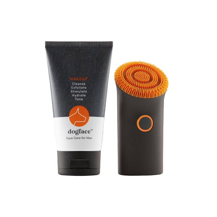 Dogface Essentials Kit- Technobrush & Wakeup Gel Cleanser 5.3oz- Mens Red Light Electric Facial Brush, Silicone Bristles Exfoliate & Cleanse Skin, Daily Face Wash Cleanser Stimulates, Hydrates & Tones