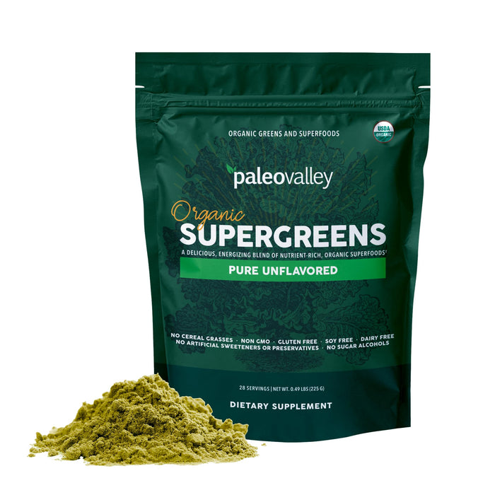 Paleovalley Organic Supergreens Powder - 23 Superfoods with Prebiotic Fiber for Energy and Immunity Support - No Cereal Grasses for Maximum Absorption - Pure Unflavored, 30 Servings