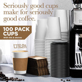 Shop Square 12 Oz Disposable Coffee Cups with Lids and Sleeves for Insulation (100 Pack) - To Go Paper White Coffee Cups for Travel, Hot Beverage Cups for Coffee, Tea, Hot Chocolate for Winter