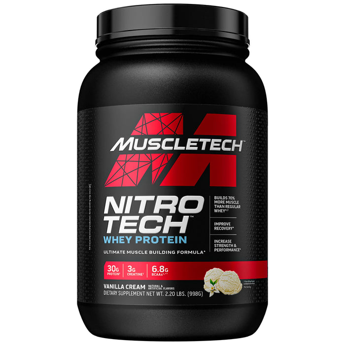 Whey Protein Powder | MuscleTech Nitro-Tech Whey Protein Isolate & Peptides | Protein + Creatine for Muscle Gain | Muscle Builder for Men & Women | Sports Nutrition | Vanilla, 2.2 lb (22 Servings)