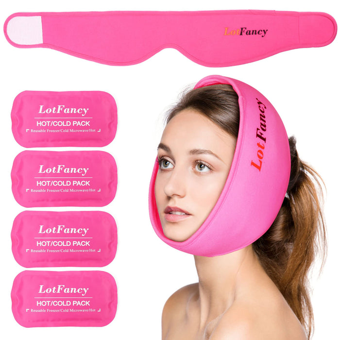 LotFancy Face Ice Pack Wrap with 4 Reusable Hot Cold Therapy Gel Packs, Pain Relief for TMJ, TMD, Chin, Wisdom Teeth, Oral and Facial Surgery, Dental Implants, Pink