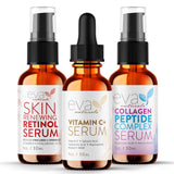 Eva Naturals Trifecta Serum Bundle - Vitamin C Plus, Collagen Peptide Serum, Retinol Serum - Serum Set for Collagen Boost, Anti Aging & Youthful Glowing Skin
