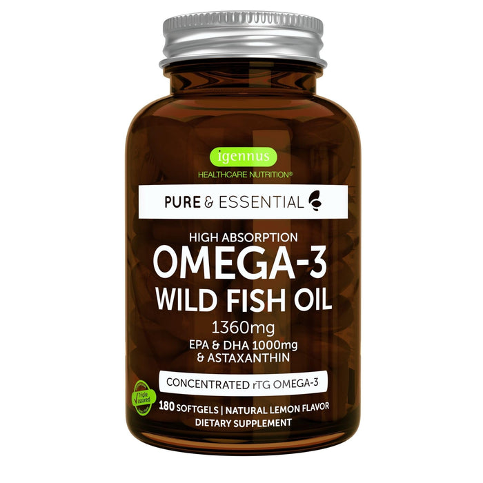 Super Concentrated rTG Omega 3 Wild Fish Oil 1000mg, Clean Label Free from Environmental Toxins, EPA DHA, 2:1 Ratio, Non-GMO, Astaxanthin 1mg, Lemon Flavor, 180 Capsules, Pure & Essential