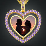 Rotating Double-side Hollow Heart Custom Photo Memory Medallion Pendant Necklace Pink Purple Cubic Zircon Men Hip Hop Chain Gift
