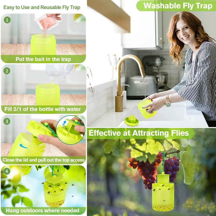 Fly Traps Outdoor Hanging, New Upgrade Reusable Fly Trap Fly Killer Outdoor with Fly Bait, Non-Toxic Fly Repellent Deterrent Fly Insect Catcher Ranch Fly Trap for Outdoor Hanging - Green (1 Pack)