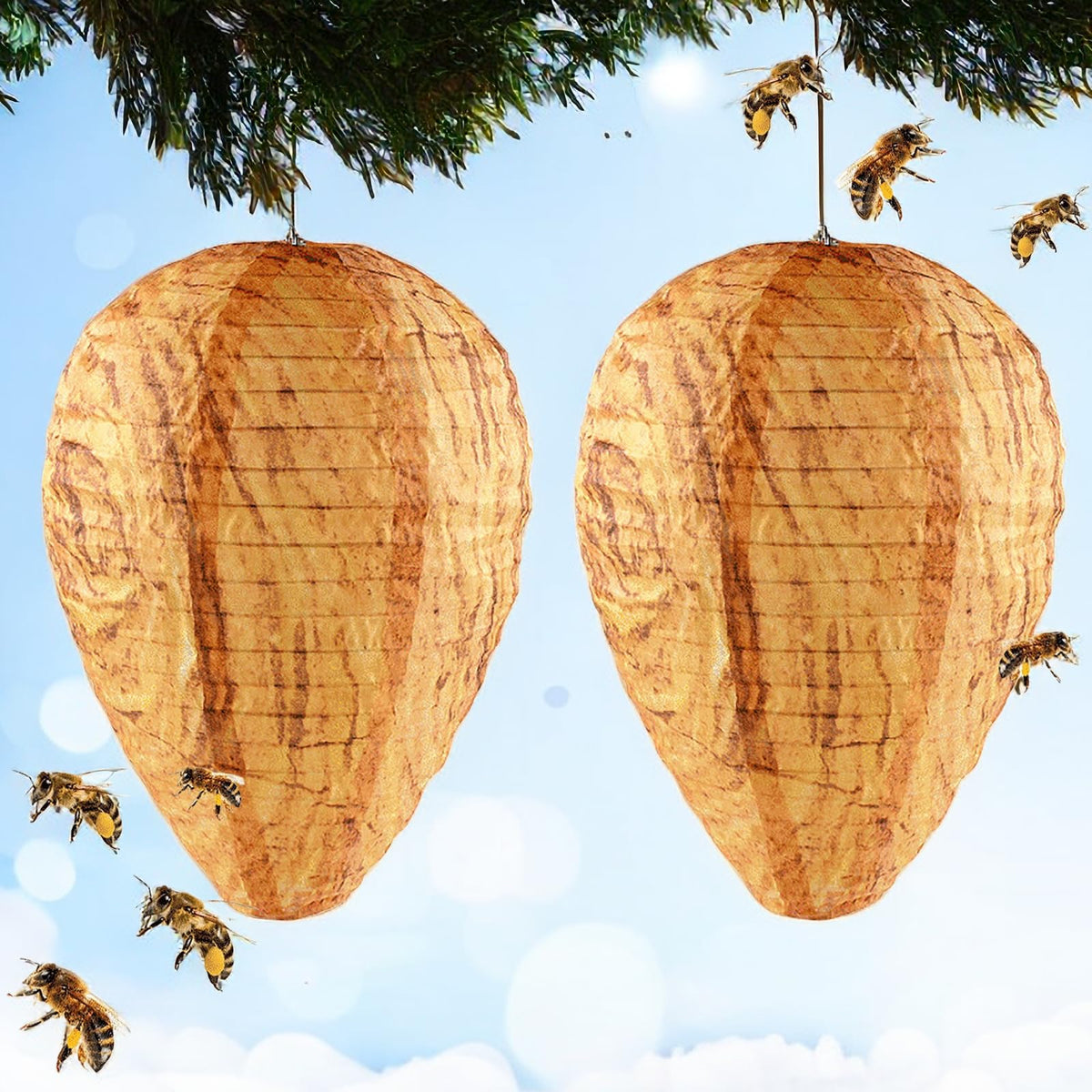 2 Pack Wasp Nest Decoy Waterproof Hanging Wasps Deterrent Fake Wasp Re